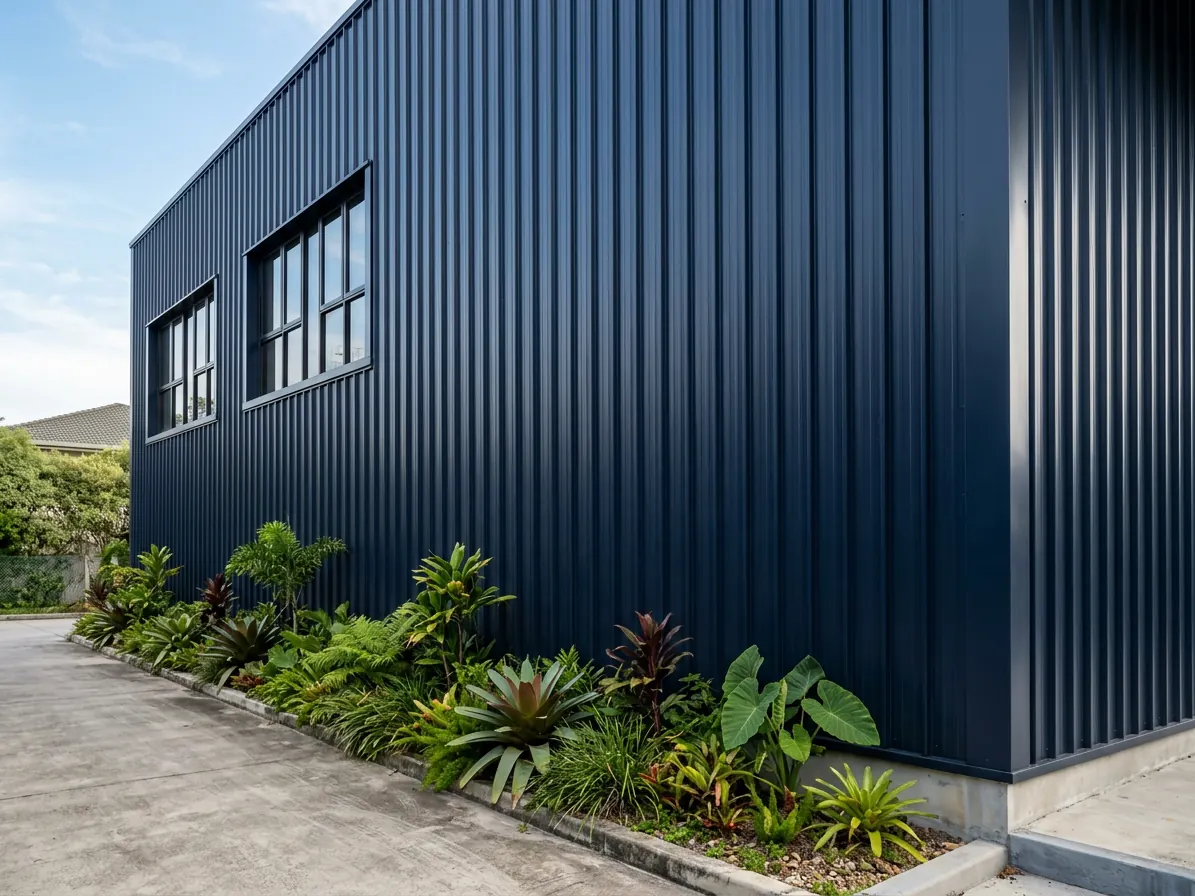 Building clad in navy profiled steel cladding