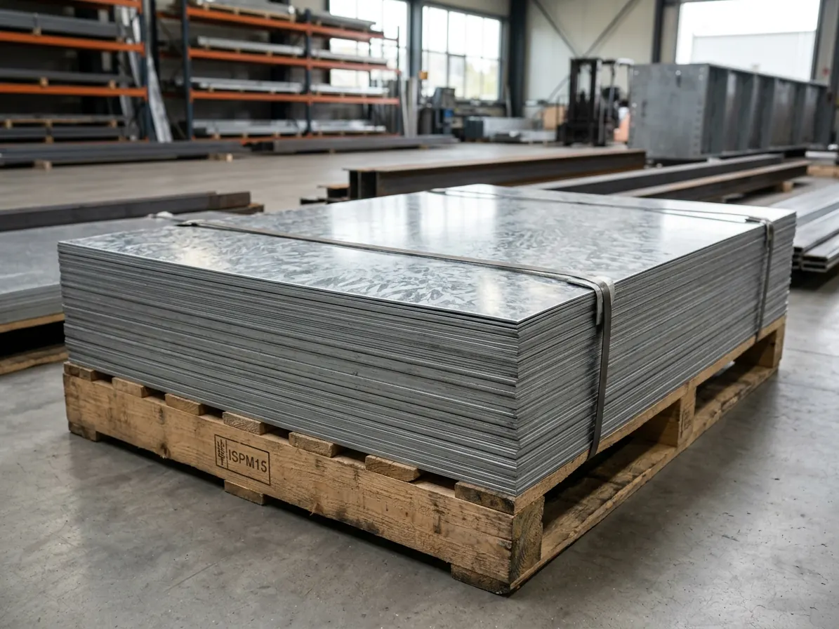 Stack of flat galvanized steel sheets on a pallet