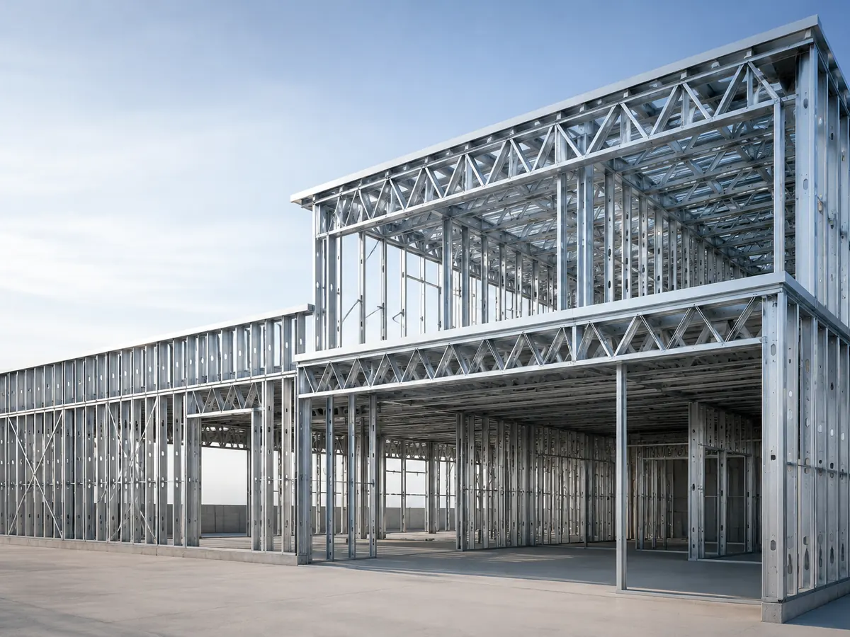 Steel building frame with open-web trusses on the upper floor