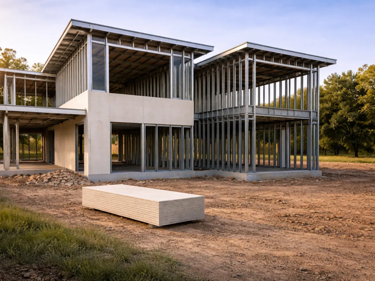 Steel-framed house on site, with boards stacked ready for lining