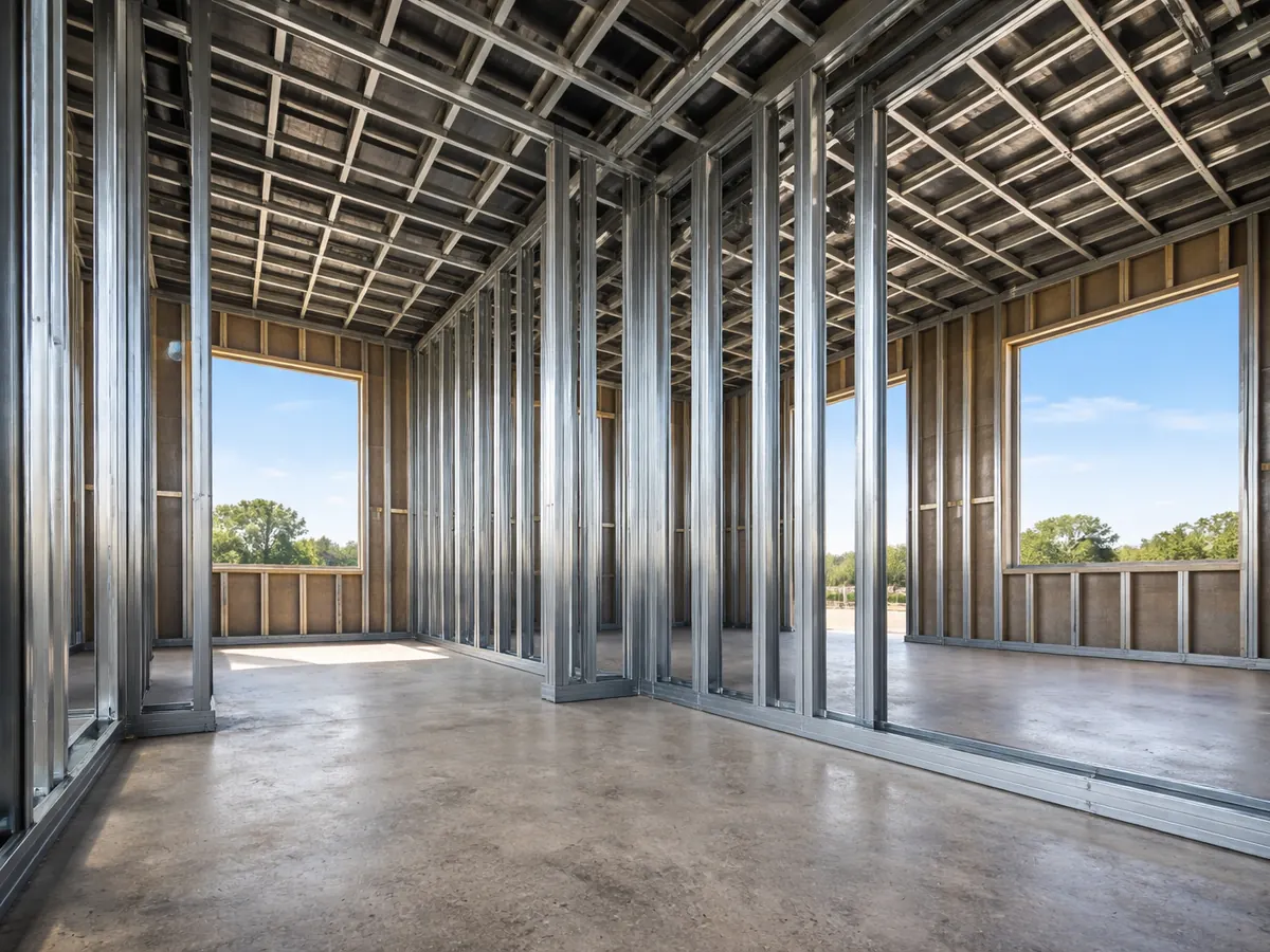 Steel joists spanning overhead in a framed building