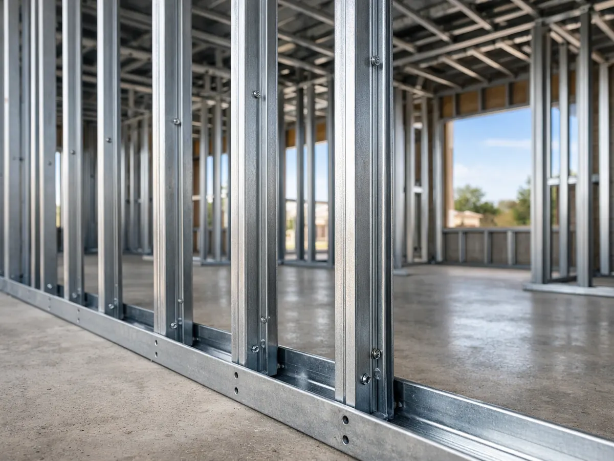 Galvanized steel stud walls framed inside a building