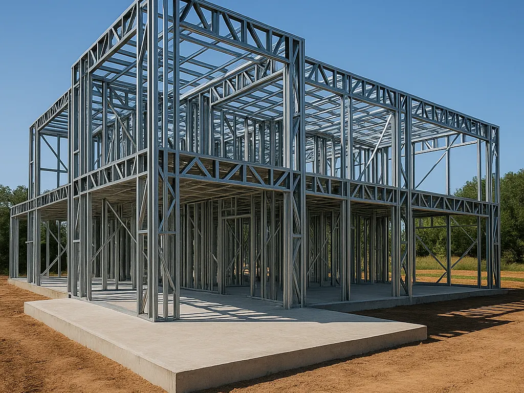 Galvanized steel frame for a two-storey building on its slab